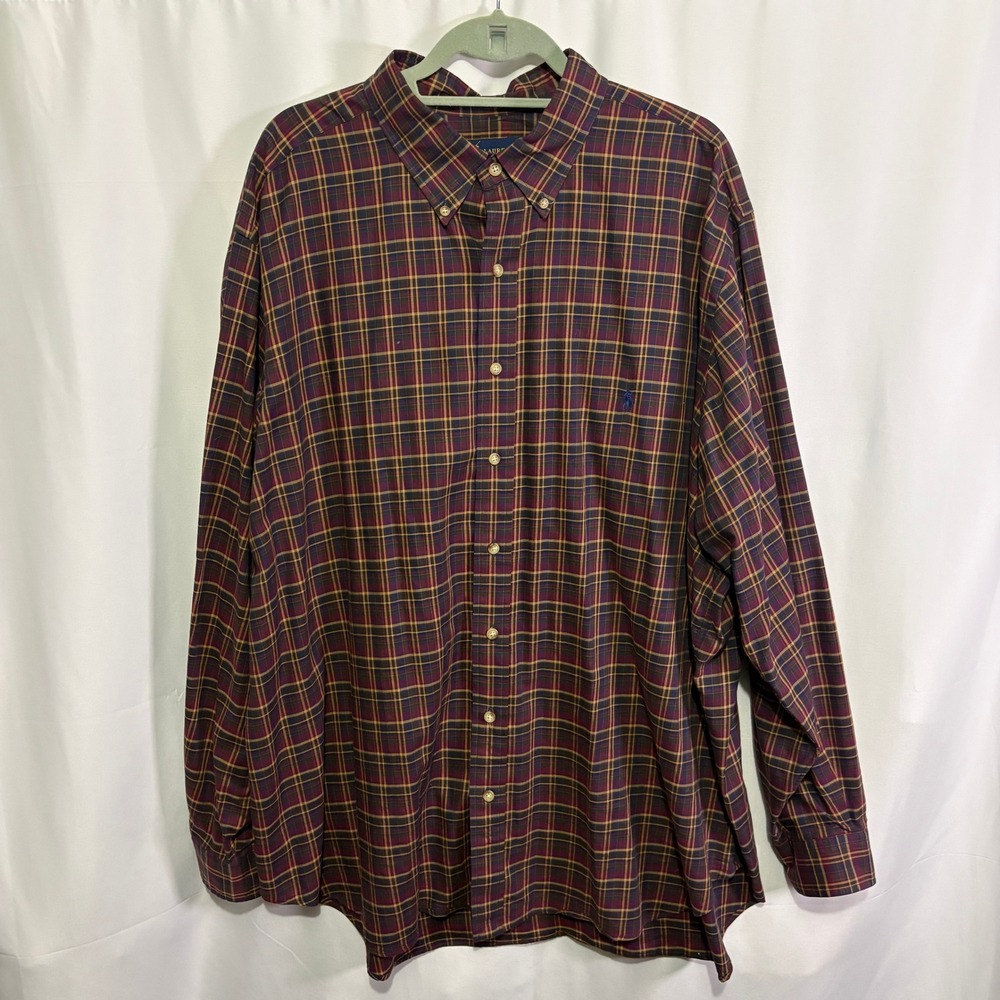 Ralph Lauren Classic Fit Plaid Shirt Mens 2XB Big Burgundy Navy Gold Cotton